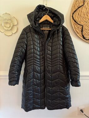 Kenneth Cole Long Black Quilted Hooded Puffer Coat